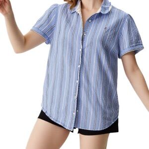 TOMMY Hilfiger Blue and White Striped Puff Sleeve Shirt Size XL